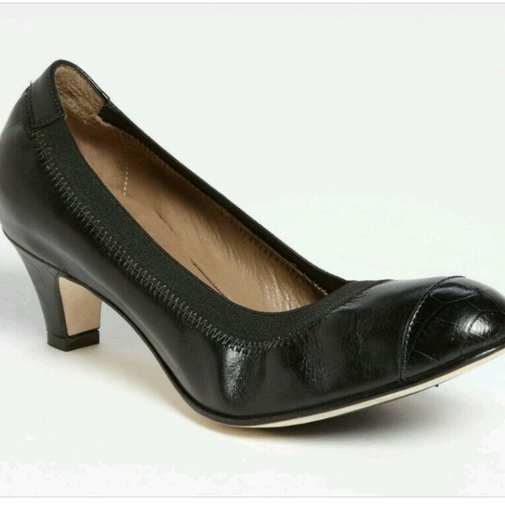 ANYI LU PAYGE BLACK LEATHER CROCO ELASTIC TRIM CAPTOE PUMPS
